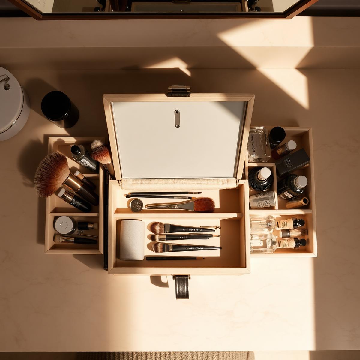 A professional beauty kit open on a marble table